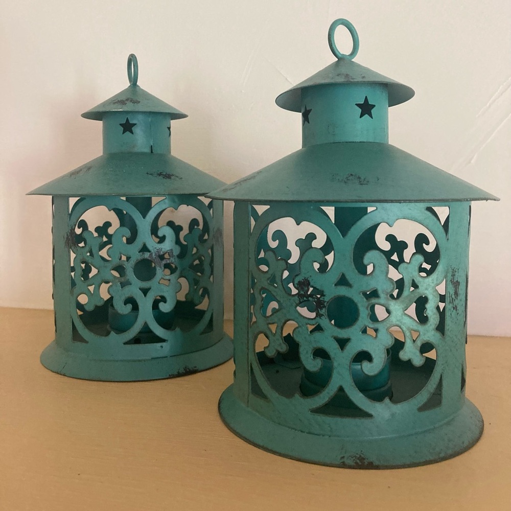 Two Decorative Teal Blue Metal Mini Tea Light Lanterns - Picture 2 of 9